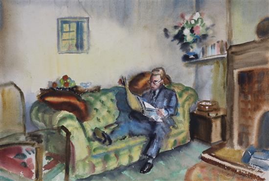 Beric Young, watercolour, interior scene with a man seated reading a paper, signed, 37 x 55cm